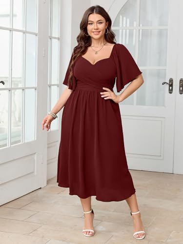 Image of SHESTARR Women's Plus Size Midi Dress Sweetheart Neck Short Sleeve Wedding Guest Cocktail A Line Flowy Dress