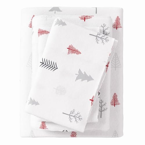 Image of Great Bay Home Flannel Sheet Set King Size - 100% Turkish Cotton, Double-Brushed, Printed Bed Sheets - Ultra-Soft, Cozy, 4-Piece Bedding Set (Winter Trees - Red)