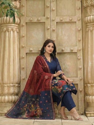 Image of GoSriKi Women Viscose Blend Printed Straight Kurta with Pant and Dupatta | Ladies Kurta Pant Dupatta Set | Women Ethnic Wear Dress | Indian Traditional Clothing for Girl
