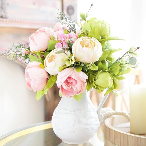 Image of FiveSeasonStuff Artificial Peony Bouquet, Pink, Beige & Green Silk Flowers for Wedding Centerpieces, Bridal Bouquets & Home Decor - Spring Waltz