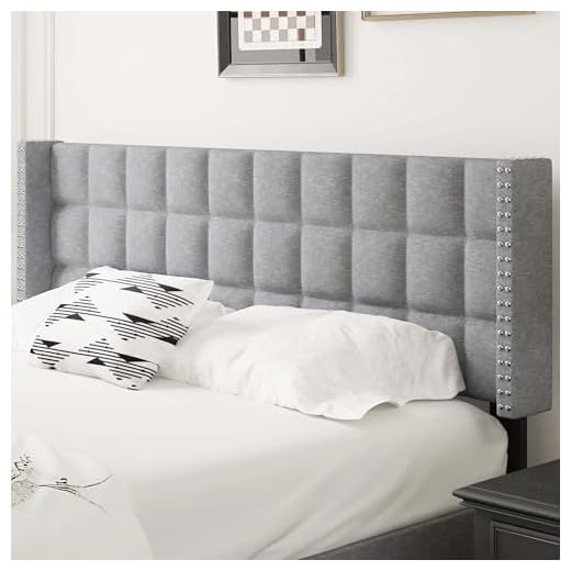 VECELO Headboard Queen Size, Linen Upholstered Headboards Only with Nailhead Trim Wingback, Square Stitched Design, Adjustable Height from 40" to 49.8", Light Grey