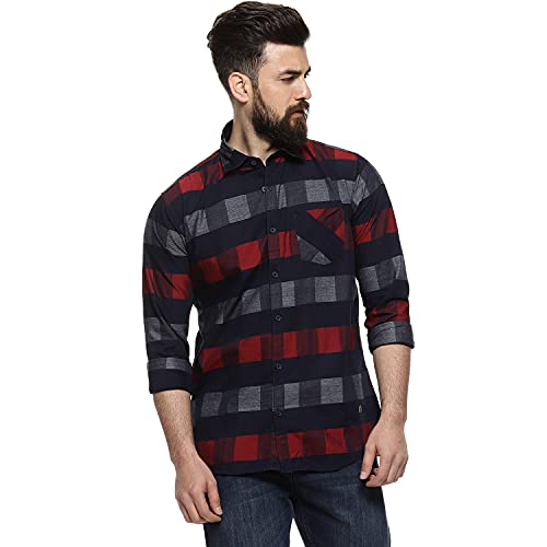 Campus Sutra Camisa a cuadros Gun Club para hombre para uso casual, cuello abierto, manga larga, cierre de botón, camisa de algodón hecha con ajuste cómodo para el uso diario, Negro: granate, 46