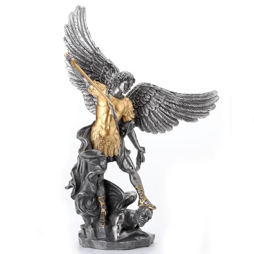 Estatua de San Miguel de 14.63 in en resina con acabado peltre