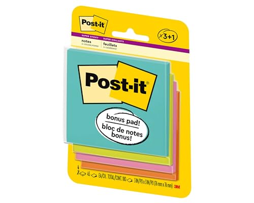 Image of Post-it Notes Super Sticky Pad, 3 x 3 Inches, Assorted Neon, 45 Sheets per Pad, Three Pads per Pack (3321-SSAN)