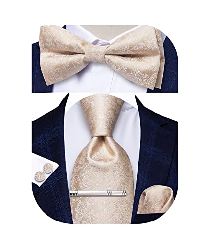 Image of Hi-Tie 5Pcs Mens Solid Color Silk Tie Satin Pretied Bowtie Lapel Pin for Men Handkerchief Cufflink Wedding Gift Box