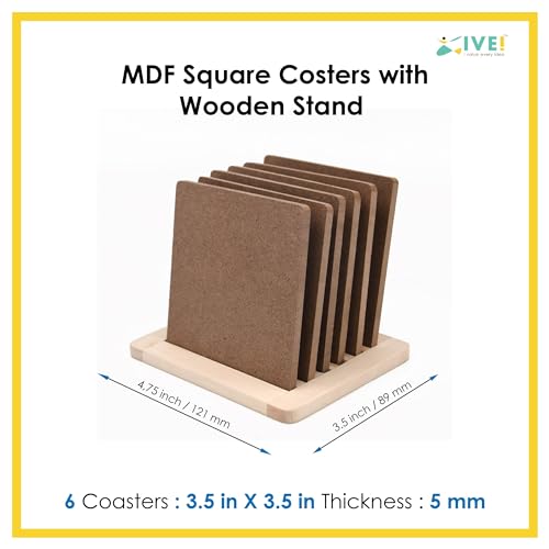 Image of IVEI MDF DIY Coasters with Holder Stand - MDF Plain Wooden Coasters & Holder Blank Cutouts for Painting, Sheet Craft, Decoupage, Resin Art Work & Decoration (Square with Wooden Holder)