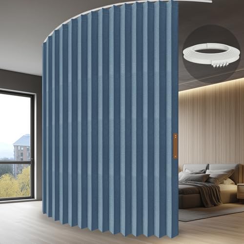 Image of JILRON Accordion Partition Curtain with Ceiling Track - Space-Saving Room Divider, Tool-Free Installation(Blue 180 inch W x 84 inch L-Pack of 1)