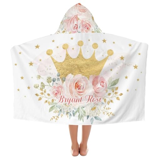 Eiis Unidesign Hooded Bath Towels Princess Crown Girl Pink Floral for Kids,Personalized Towel for Swimming Robe,Bathing,Beach,Birthday Gifts, 30x50 Inches