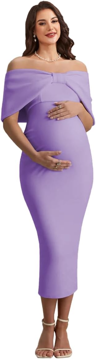 Off Shoulder Satin Maternity Dresses for Baby Shower 2026 Tea Length Sheath Pregnancy Gowns for Photoshoot with Bow