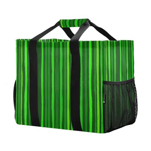 Green Stripes Reusable Grocery Bags Large Tote Bag Waterproof Canvas Organizer for Beach Picnic Laundry Travel2