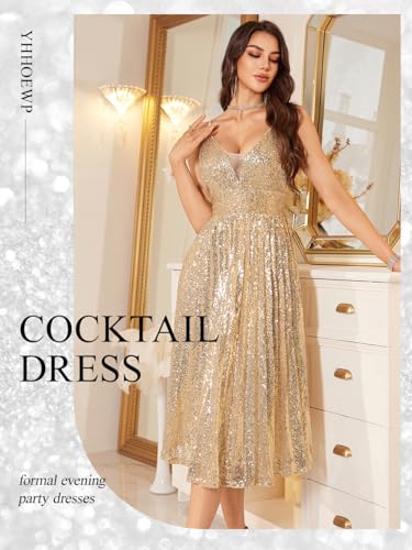 Sequin Sparkly Dress for Women Glitter Empire Waist Spaghetti Straps Backless Pleated Cocktail Evening Party Dresses2