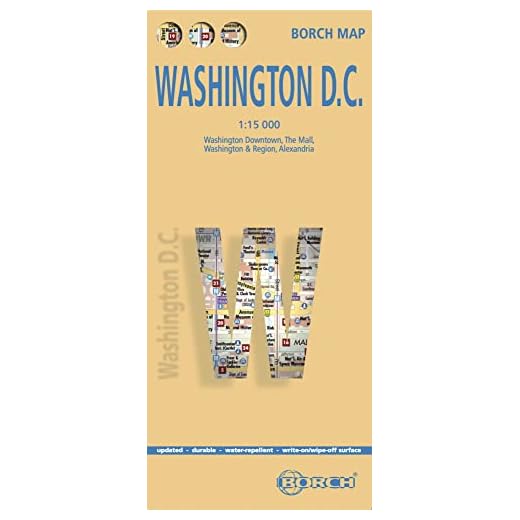 Washington, plano callejero plastificado. Escala 1:15.000. Borch.: Washington Downtown, The Mall, Washington & Region, Alexandria (Borch Map)