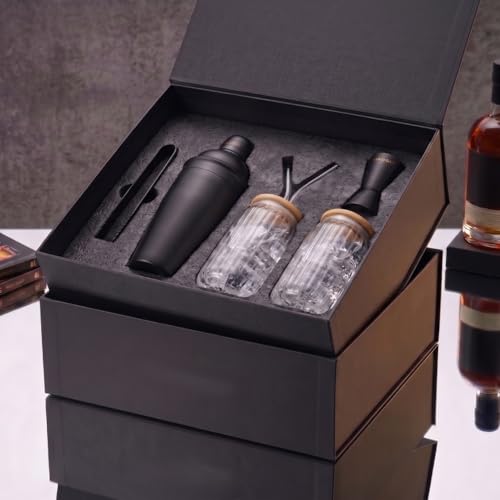 Image of Car-O-Bar Black Bar Set with Glasses Gift Set | 5 Pieces Bartender Kit:Cocktail Shaker, Jigger,Ice Tong, Set of 2 Cocktail Sippers