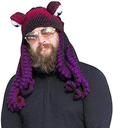 MINHADISI Handwoven Knitted Hat, Adult Unisex Funny Cartoon Octopus Long Tentacle Eye Hat Cosplay Hat for Party Props (Tip E)