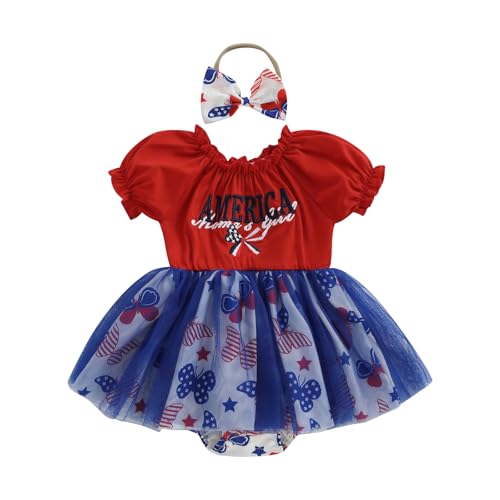 GINEVSAL Baby Girl 4th of July Romper Dress Short Sleeve Butterfly Print Embroidery Letter Tulle Bodysuit with Headband Set (Red, 3-6 Months)