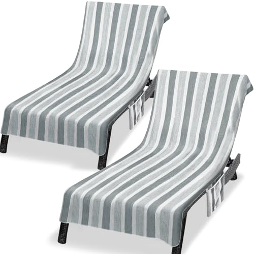 Ruikyhom Lounge Chaise Chair Towel Cover Pack of 2 Ultra Plush & Absorbent Micro Fleece Towel Cover for Pool Beach Outdoor(Garden Courtyard)| Faster Drying Non-Slip 2 Side Pockets | 85 x 30-Gray