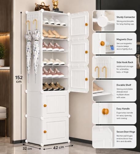 Image of Mevigo Plastic Shoe Rack for Home with Door | 10-Tier Stackable Shoe Organizer | Holds 20 Pairs |Waterproof & Dustproof | DIY Modular Shoe Cabinet |Chappal Slipper Stand for Bedroom-White-HY2