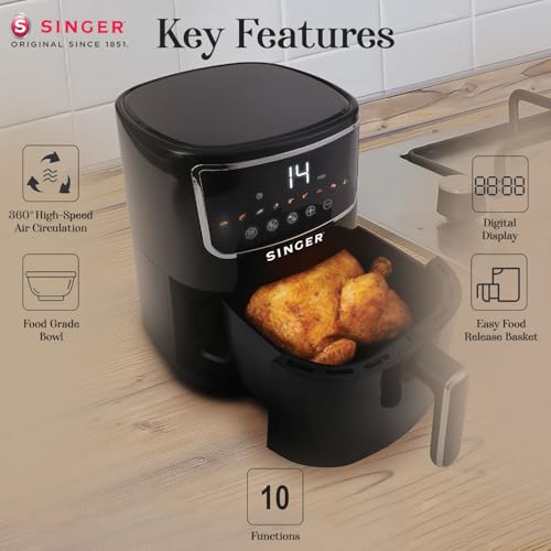 Image of SINGER Electric Airfrio Air Fryer 1350W | 4.4L Basket | 100% Oil-Free Cooking | Digital Display | 10-in-1 Functions | 360 High-Speed Air Circulation | ISI Certified | 2 Years Warranty