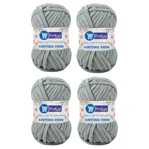 Image of ProKart Premium Blankie Wool, Plush & Cuddly, Chenille Yarn Supersoft Hand Knitting Wool Ball | Blanket Thick /Mottu Yarn Ball Suitable for Hand Knitting and Crocheting for Baby, Adult, Sweaters, caps, Throws, Home Furnishing, Scarves, Blankets (Dark Grey, 100gms x 4 Pack)