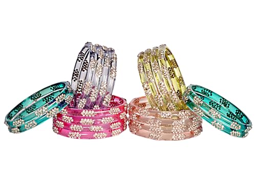 Image of Swara Creations Crystal Bangles for Women /Raindrop Kada Set /Multicolor glossy finished bangles Kadas with Silver stonework bangles for women & girls(8Pcs)(SKU265)