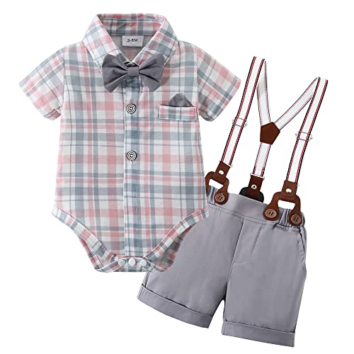 Image of YUEMION Infant Baby Boy Clothes Gentleman Outfits Suits Summer Short Sleeve Bowtie Bodysuit Shirts + Suspender Shorts(3-24M)