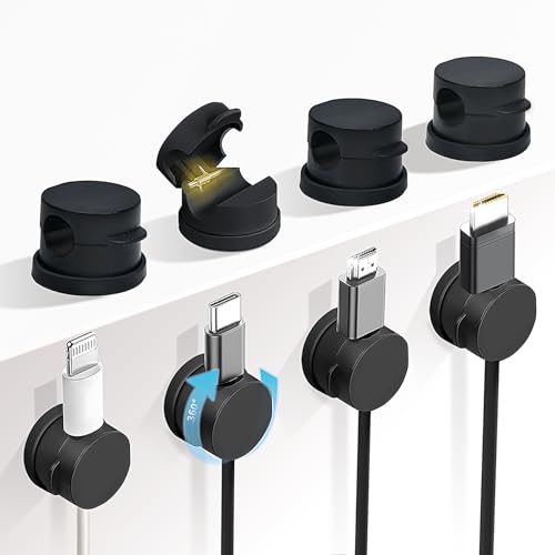 Abnii Kabelhalter Selbstklebend 360° Drehbar, 8 Stück Kabelclips Kabelhalterung, Feder Kabel Organizer Kabelmanagement Schreibtisch für Nachttisch, Ladekabeln, HDMI, USB, Ladekabel, Schwarz