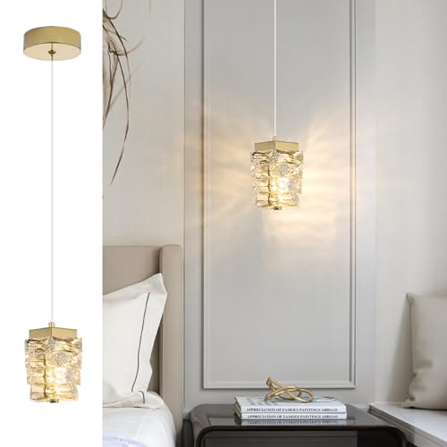 Sxtiger Modern Gold Crystal Pendant Light, 3-Color LED Crystal Hanging Light Fixture Indoor Ceiling Pendants Lamp for Bedroom Kitchen Island Dining Room Hallway (Gold)