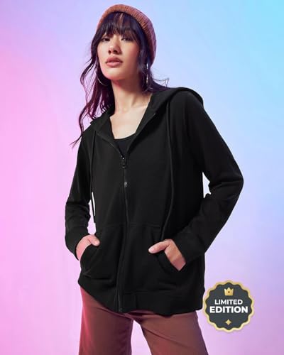 Image of Casual Black Zipper Hoodie for Women's