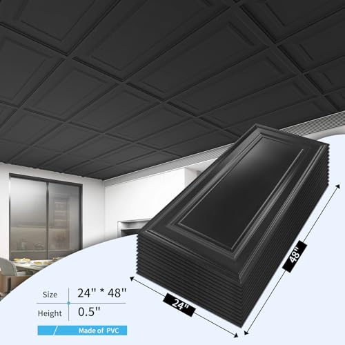 Image of Art3d 3D Decorative Drop Ceiling Tiles, 24 x 48 in, 12-Pack, Smooth Black