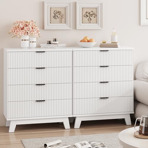 Image of Xixini Fluted Nightstand, 31.5 inch Wide Side Table with 4 Large Storage Drawers, Mid Century Modern Wood Night Stand with Metal Handle, Wooden Bedside End Table for Bedroom, White