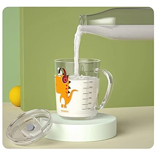 Image of Milk Glass Cups with Handle - Cartoon Print Coffee Mugs with Spill-Proof Lid, Straw & Scale - 350ml Multipurpose Milk Mug for Kids & Adults - Pack of 1 (Random Design)