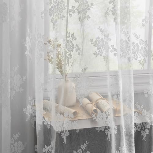Kotile White Lace Curtains 102 Inches Long for Living Room, 2 Panels Country Rustic Floral Vintage Sheer Lace Curtains for Bedroom, Rod Pocket Privacy Light Filtering Sheer Curtains, 52 x 102 Inch