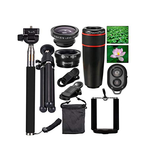 POPETPOP Phone Camera Lens 10 in 1 Kit, 12 X Fish Eye Wide Angle Telephoto Lens Mobile Phone Lens Tripod for iOS Android Smart Phone (Black)