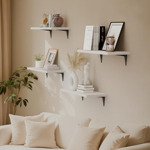 Image of SKYSEN Floating Shelves for Wall Set of 6, 15.7in Wood Wall Shelf for Decor, Bathroom, Bedroom, Storage, Book,Kitchen, Living Room - White(fs-40-w)