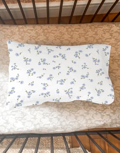 Image of Toddler Pillowcases for 13 inchx18 inch Pillow 2 Pack, Muslin Small Toddler Baby Kids Travel Pillow Covers for Boys Girls with Envelope Closure (Flower I & Light Blue, 13 x 18 Inch)