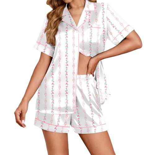 Image of Ekouaer Womens Satin Silk Pajamas Set Short Sleeve Sleepwear Button Down Top and Shorts Loungewear 2 Piece Pjs Set S-XXL