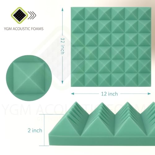 Image of YGM Acoustic Foams Pyramid Acoustic Panels 1 Footx1 Footx2inch Thick, 50 Density Acoustical Sound Proof Foam for Room, Studio, Echo Reduction & Noise Absorption (Black & Green, Set of 54)