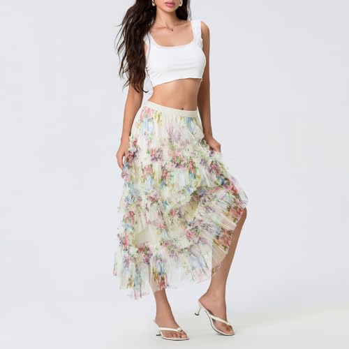 Floral Tulle Maxi Skirts for Women's Summer High Waist Irregular Flowy A-line Flowy Layered Casual Long Skirt2