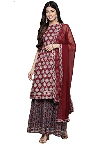 Image of ishin Women's Pure Cotton Maroon Abstract Printed A-Line Kurta suit set with Sharara & Dupatta