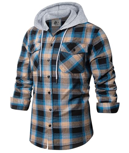 Men's Flannel Shirt Plaid Hoodie Stylish Long Sleeve Fall Casual Button Down Western Shirts with Flat Pocket