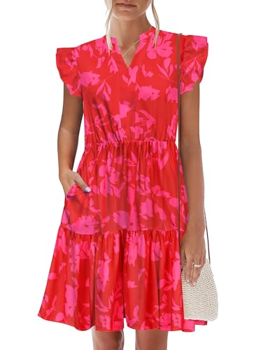 Image of HOTOUCH Women Printed Dress for Summer Short Ruffle Sleeve Dress Tiered Mini Dress with Pockets