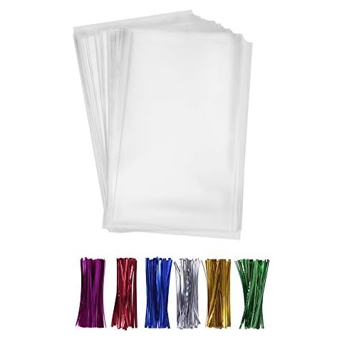 200 Clear Treat Bags 6x9 with 4" Twist Ties 6 Mix Colors - Thick OPP Plastic Cello Bags for Wedding Cookie Birthday Cake Pops Gift Candy Buffet Supplies (6'' x 9'') Cover