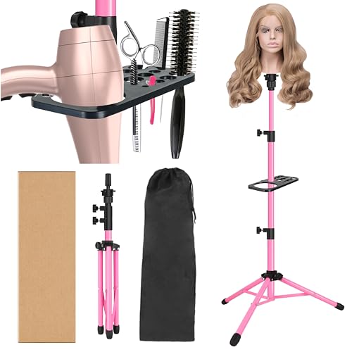 ZQIAN BEAUTY Wig Stand Tripod 50 Inch Metal Wig Mannequin Head Tripod Stand For Hairdressing Training Head Adjustable Wig Tripod Stand with Tool Tray (Pink, Mannequin Head Not Included)