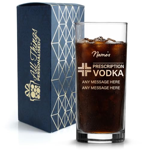 Personalised Engraved Vodka Glass - Fun Custom Name Prescription Design - 340ml Highball Tumbler - Funny Gift for Dad Him or Men for Birthdays Christmas - Laser Engraved Gift Box Included 340ml