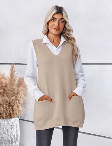 Zeagoo Suéter feminino 2025 pulôver grande sem mangas gola V com bolso tricotado roupas de outono, D