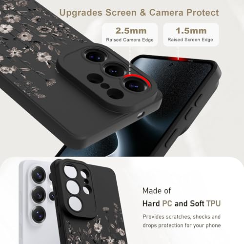 Image of Designed for Samsung Galaxy S26 Ultra Case for Women, Black Floral | Cute Flower Pattern Liquid Silicone Phone Case [Full Camera Protection] Slim Soft TPU Protective Cover