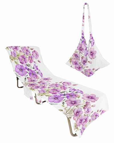 Purple Spring Floral Beach Lounge Chair Towel Cover, Soft Chaise Lounge Towel with Side Pockets Patio Pool Chairs Cover for Beach/Pool Sunbathing 29x85 Summer Botanical Watercolor Flower