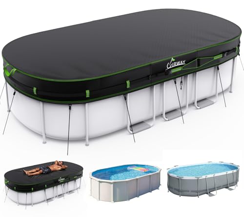UIRWAY 500D Pool Cover 10x16FT Oval [2026 Upgraded Heavy Duty Fabric] Solar Pool Covers for Above Ground Pools Swimming Pool Covers Including Windproof Straps and Luminous Ground UV Resistant