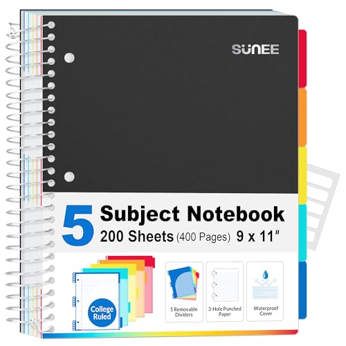SUNEE 5 Subject Notebook College Ruled - 400 Pages, 9'x11', 5 Pocket Colored Dividers, 3-Hole Punched Paper, Black