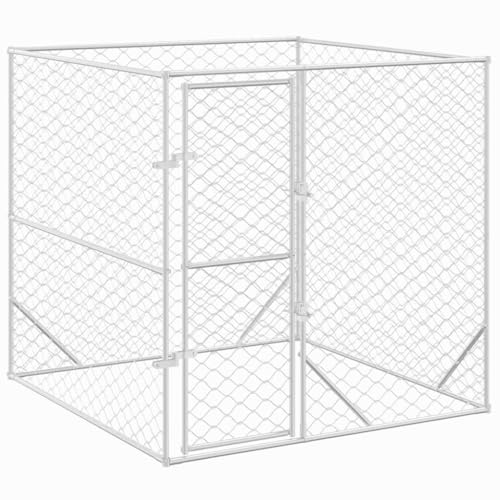 Hundezwinger Outdoor mit abschließbarer Tür, Hunde-Laufstall, Haustier-Spielgehege für Hinterhof, Garten, 200 x 200 x 200 cm Silbern Verzinkter Stahl